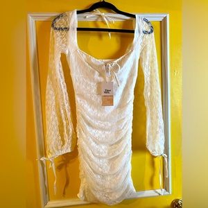 Tiger Mist White Ruched Bodycon Dress with Lace